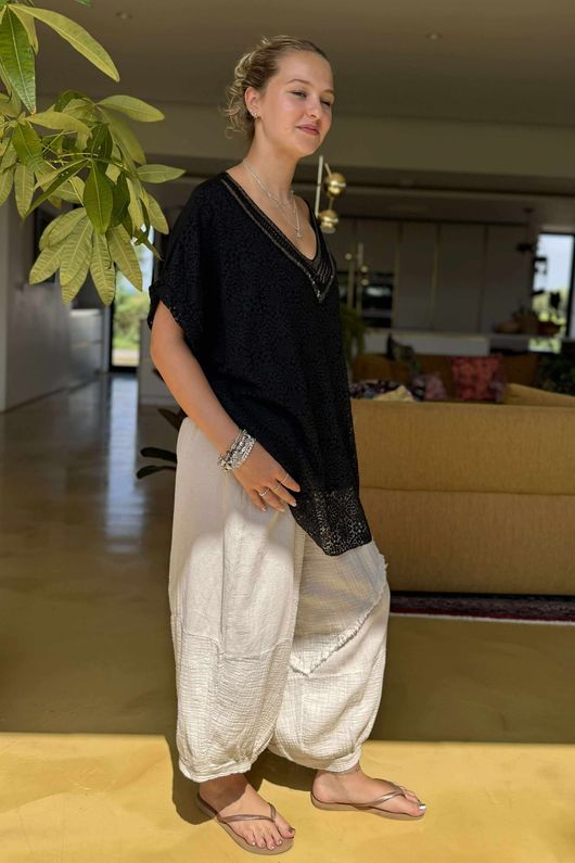 Made in Italy Love Shack Boho Shimmer Top Black